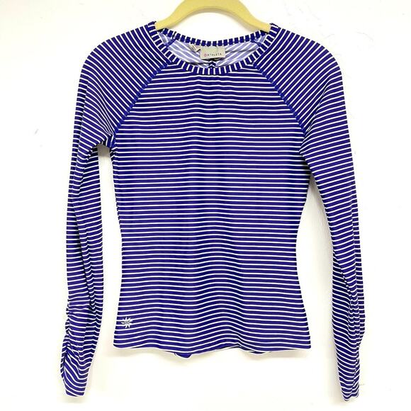 Athleta Blue Striped Long Sleeve Stretchy Tee Shirt Blouse Womens XXS Nautical - Picture 1 of 9